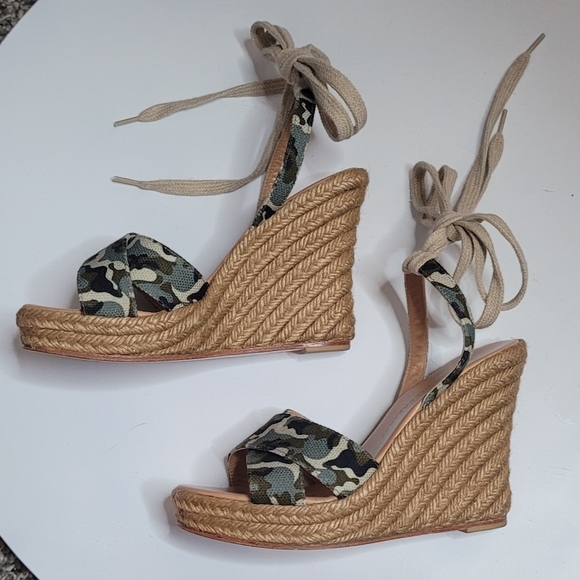 Jean-Michel Cazabat Wedge Sandal Camo Espadrille  Ankle Tie - Picture 10 of 10